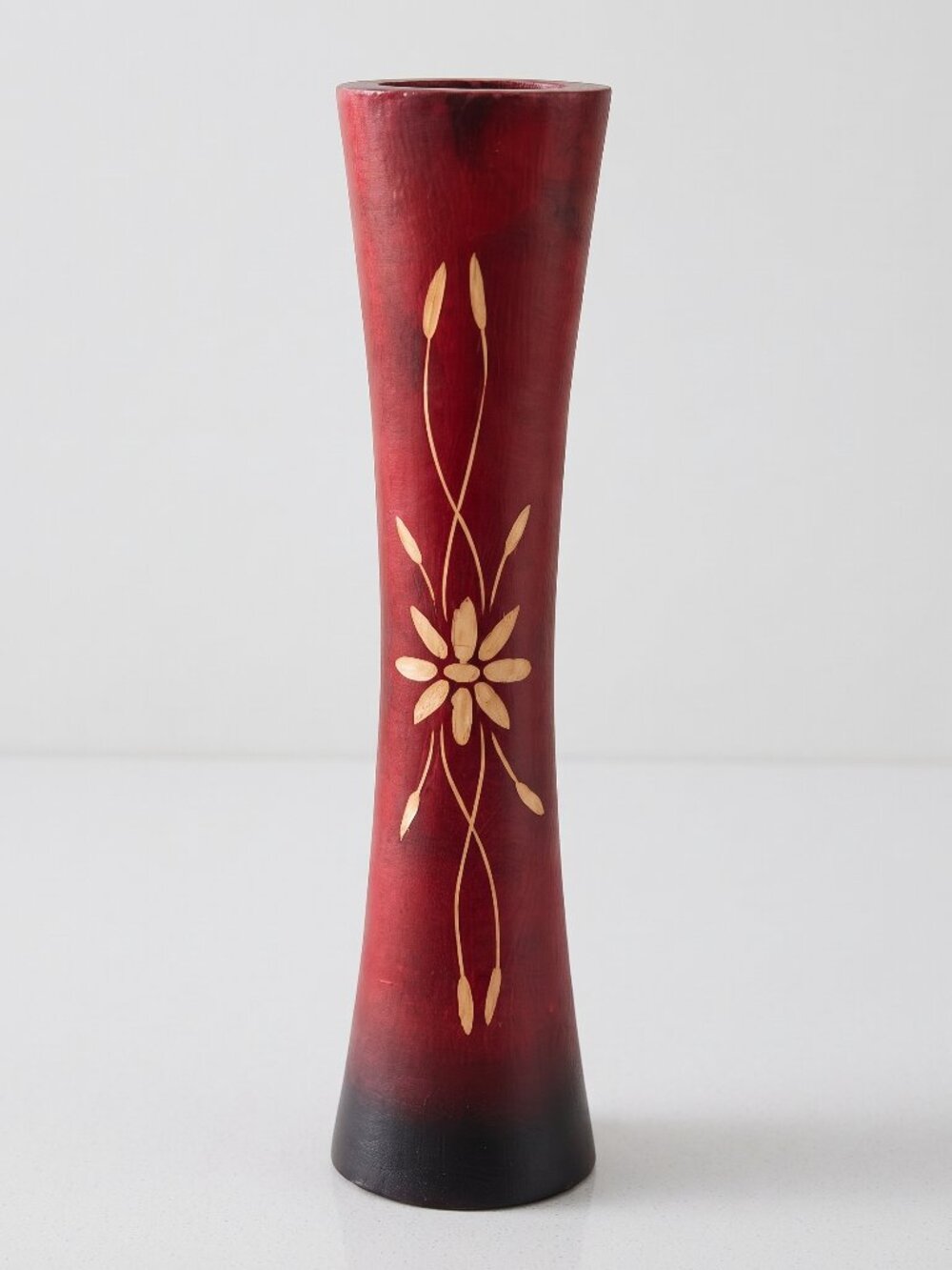 Vintage Jamaican Hand Carved Wood Vase Red Floral Folk Art Souvenir 12”